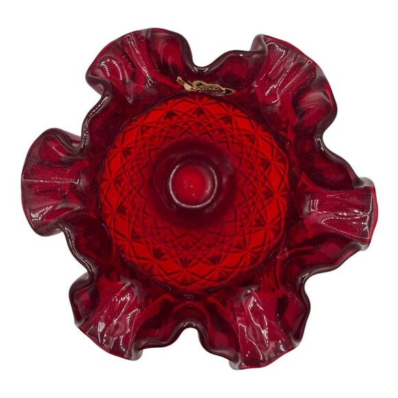 Fenton Art Glass Diamond Star Pattern Ruby Red Amberina Bowl Vase Ruffled Edge - Picture 5 of 12